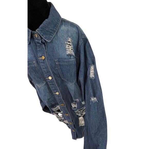 Oversized Distressed Denim Jacket Grunge Y2K Festival Longline Shacket XL - Picture 7 of 14